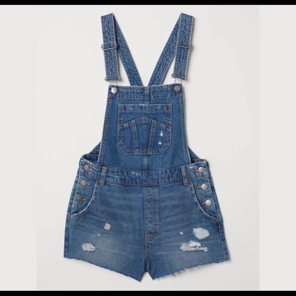 H&M Divided Denim Bib Overall Shorts Distressed